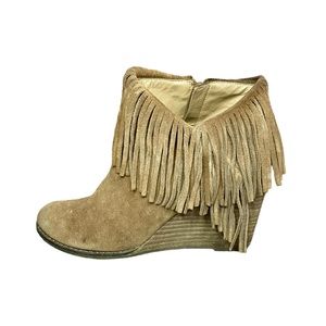 Lucky Brand Wedge Boots Size 10 Fringe Boho Booties Tan Suede Leather